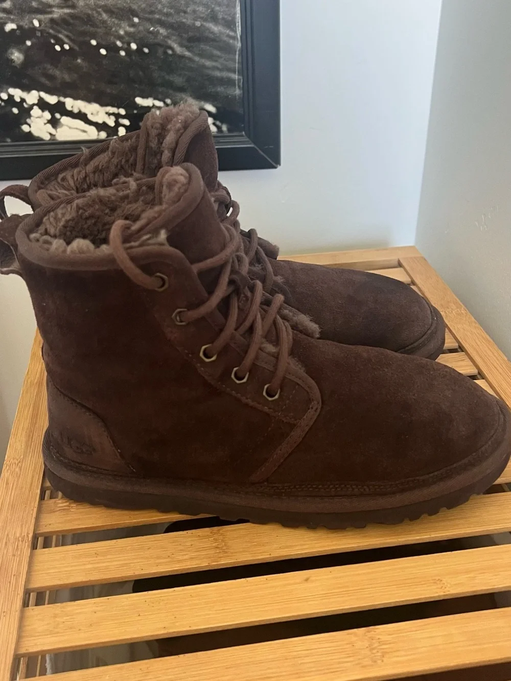 UGG Wonan’s Dark Brown Suede Lace-Up Shearling Boots. Size 7-8